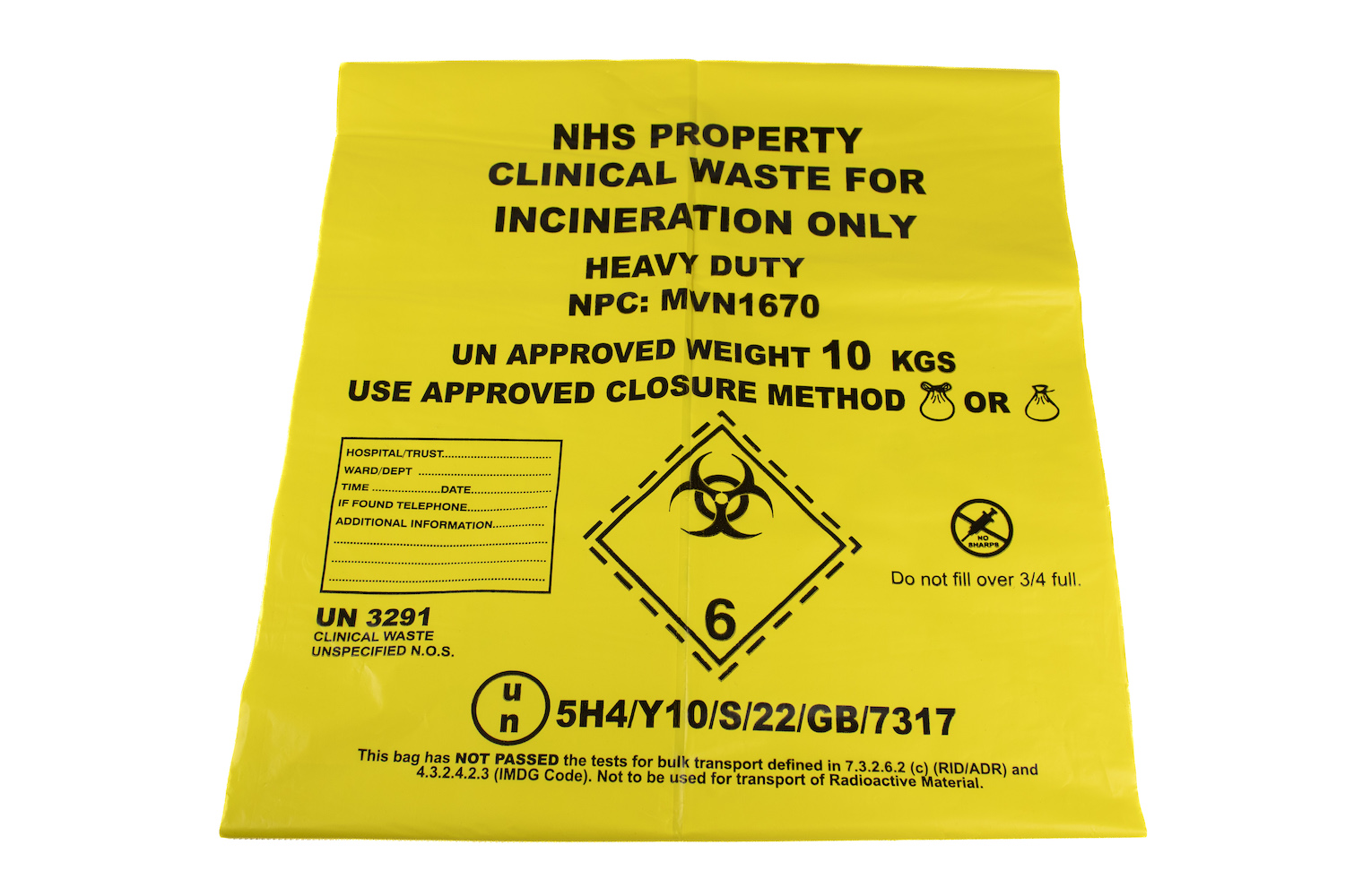 Medium Duty Yellow Clinical Waste Bag Large Printed GV Health