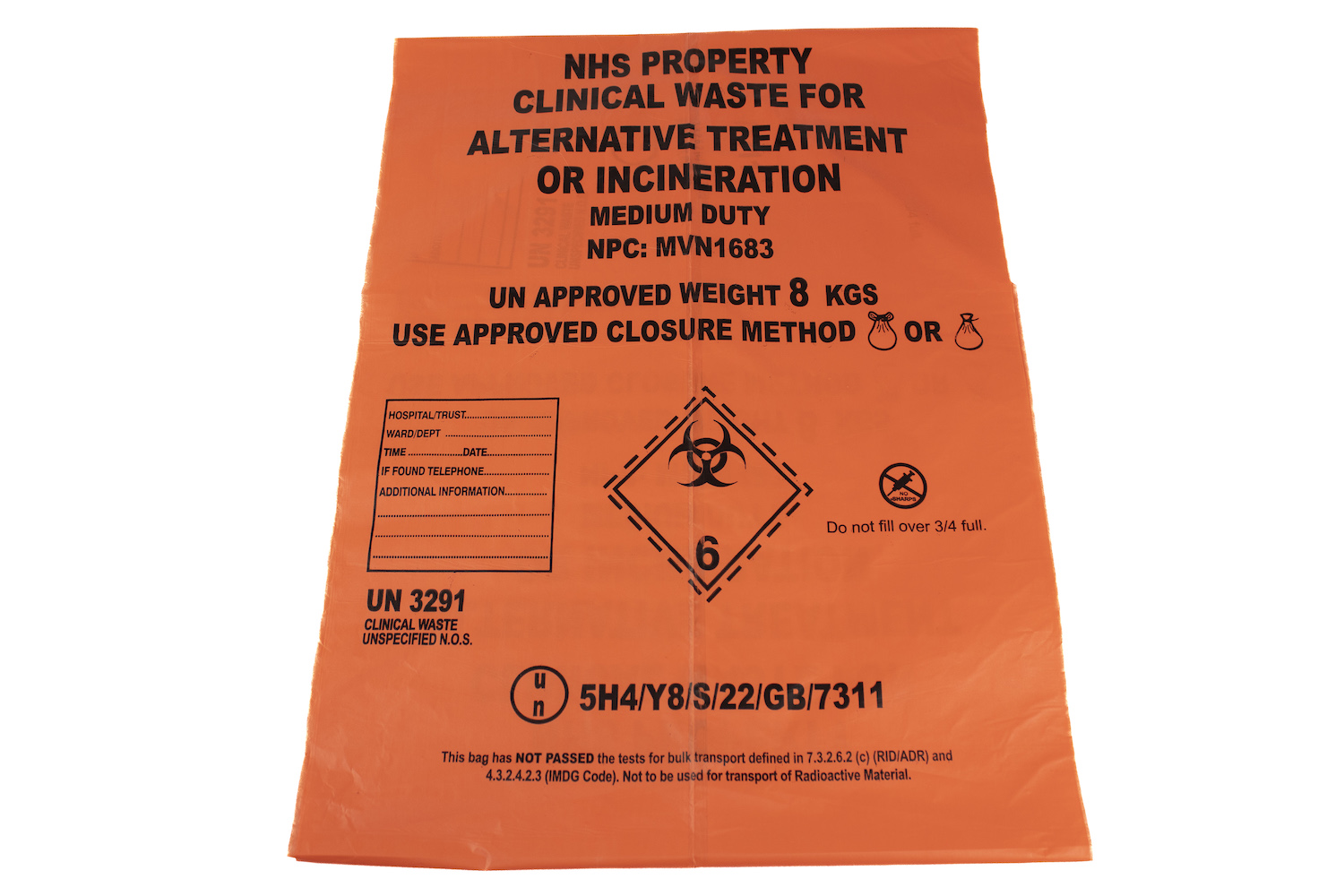 Light Duty Orange Waste Bag Large Printed GV Health