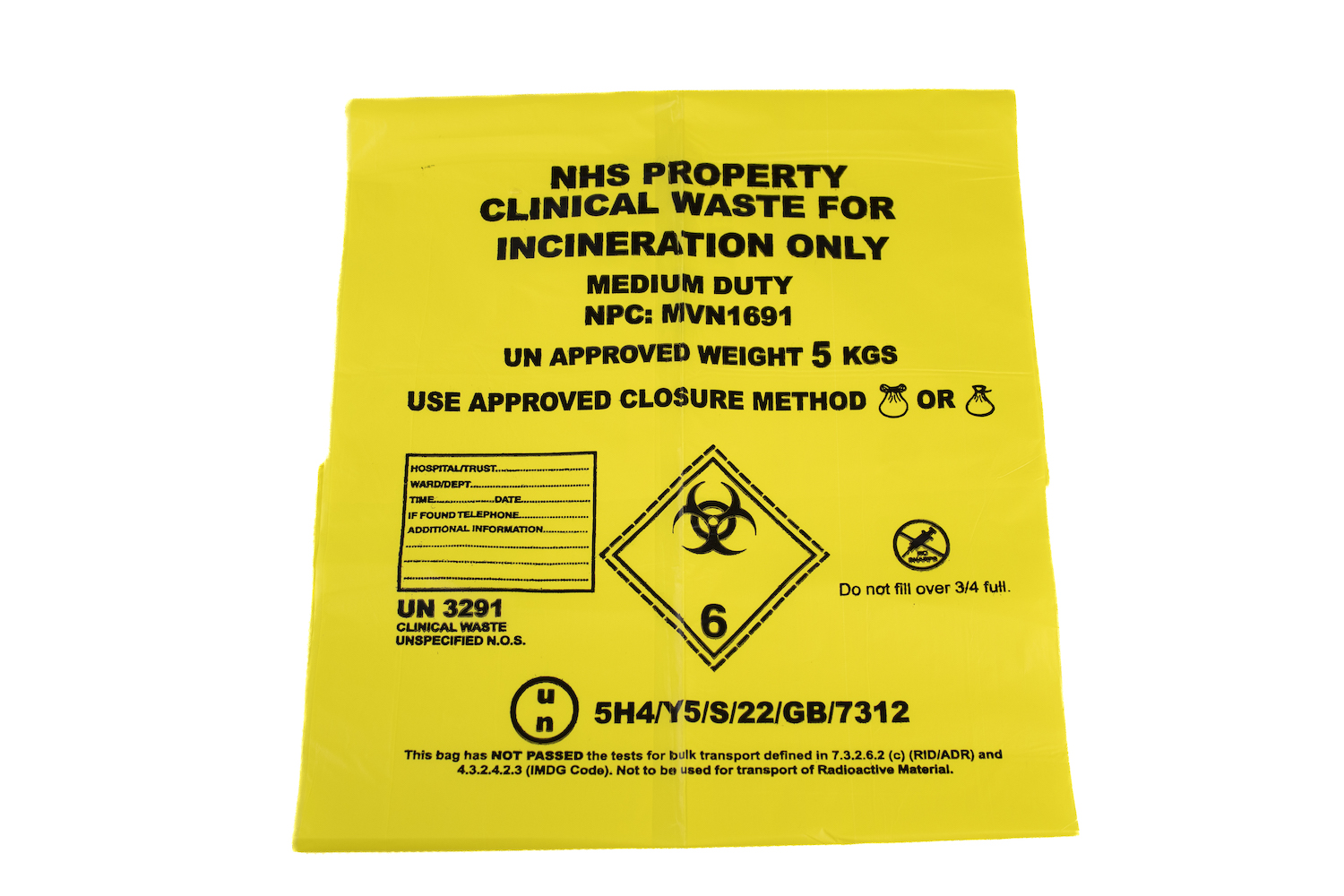 Light Duty Yellow Clinical Waste Bag Small Printed GV Health