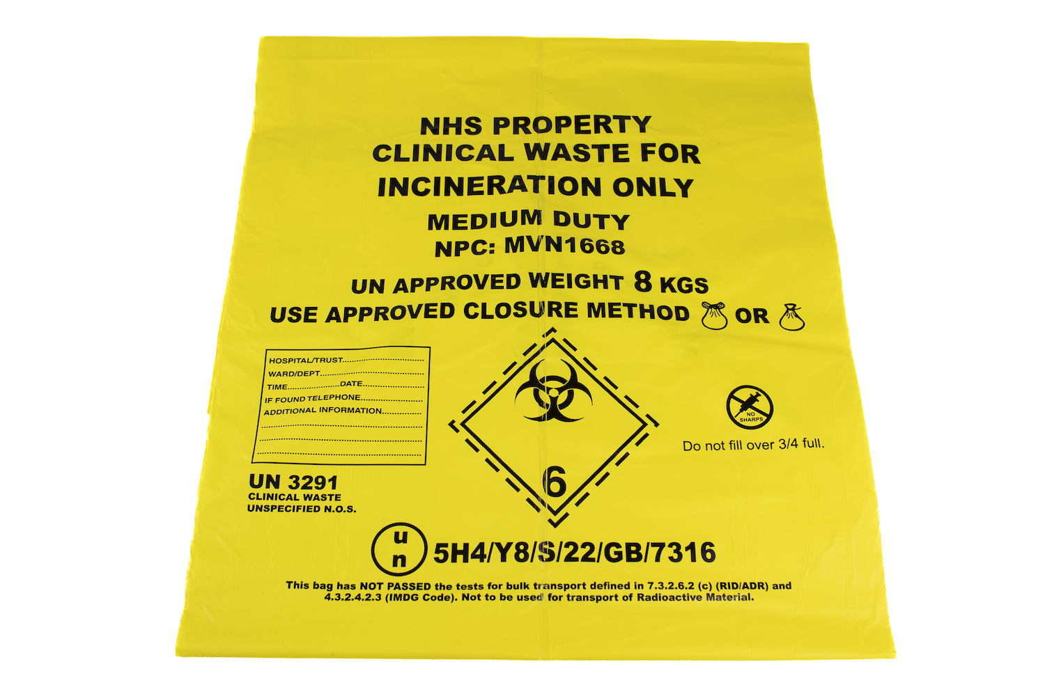 Light Duty Yellow Clinical Waste Bag Large Printed GV Health